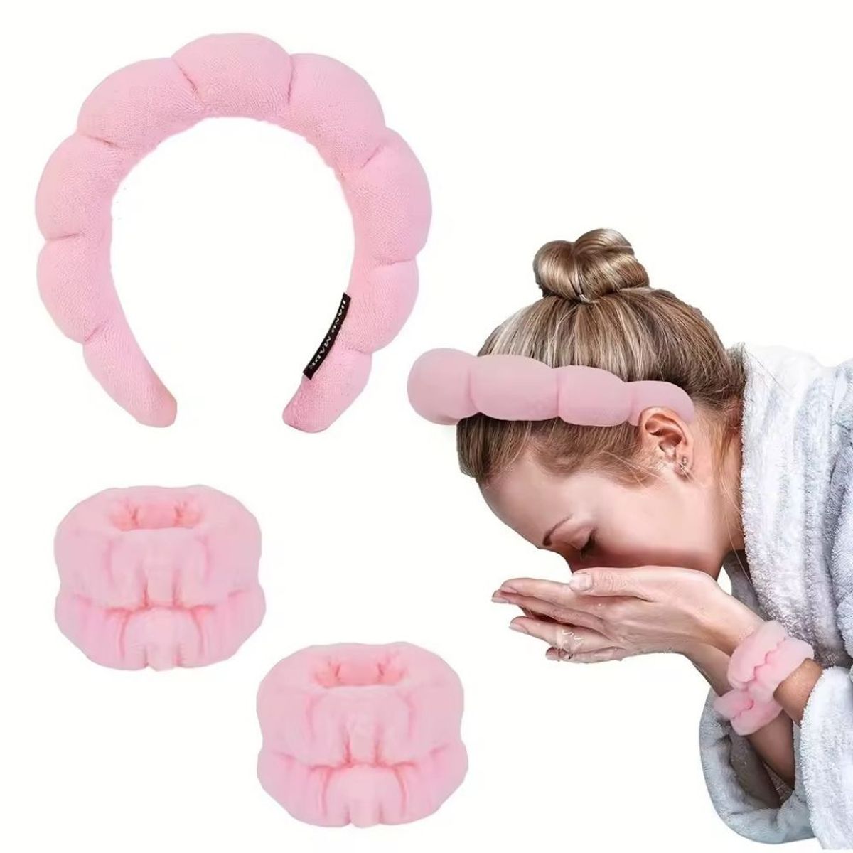 GENERICO - Set De Diadema Balaca Puffy Skincare + Muñequeras Rosado