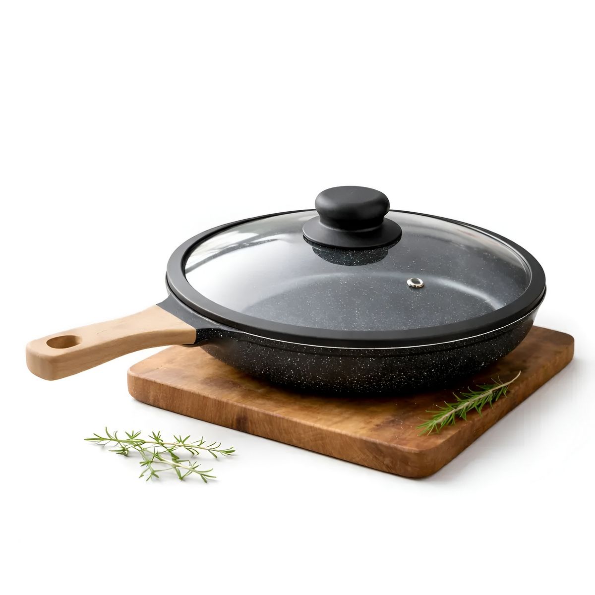 GENERICO - Sarten Antiadherente Granito 20cm Con Tapa Mango Madera