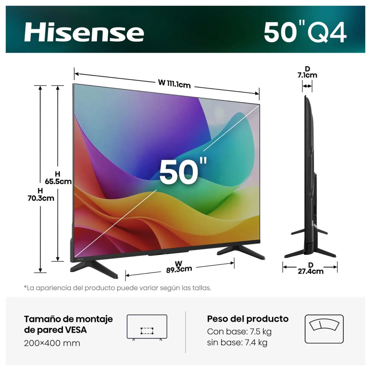 HISENSE - Televisor Hisense 50 Pulgadas QLED Q4SV Smart TV Full HD 43Q4SV