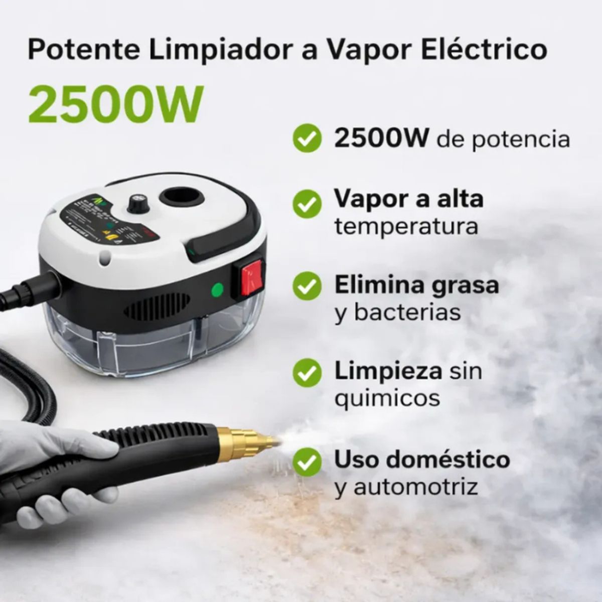 TOBI - Limpiador a Vapor Portátil Alta Presión 2500W con 3 Cepillos y Rasqueta