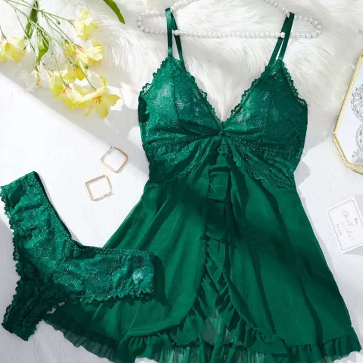 GENERICO - Conjunto Lencería Sexy Babydoll Encaje Pijama Suave Verde L XL