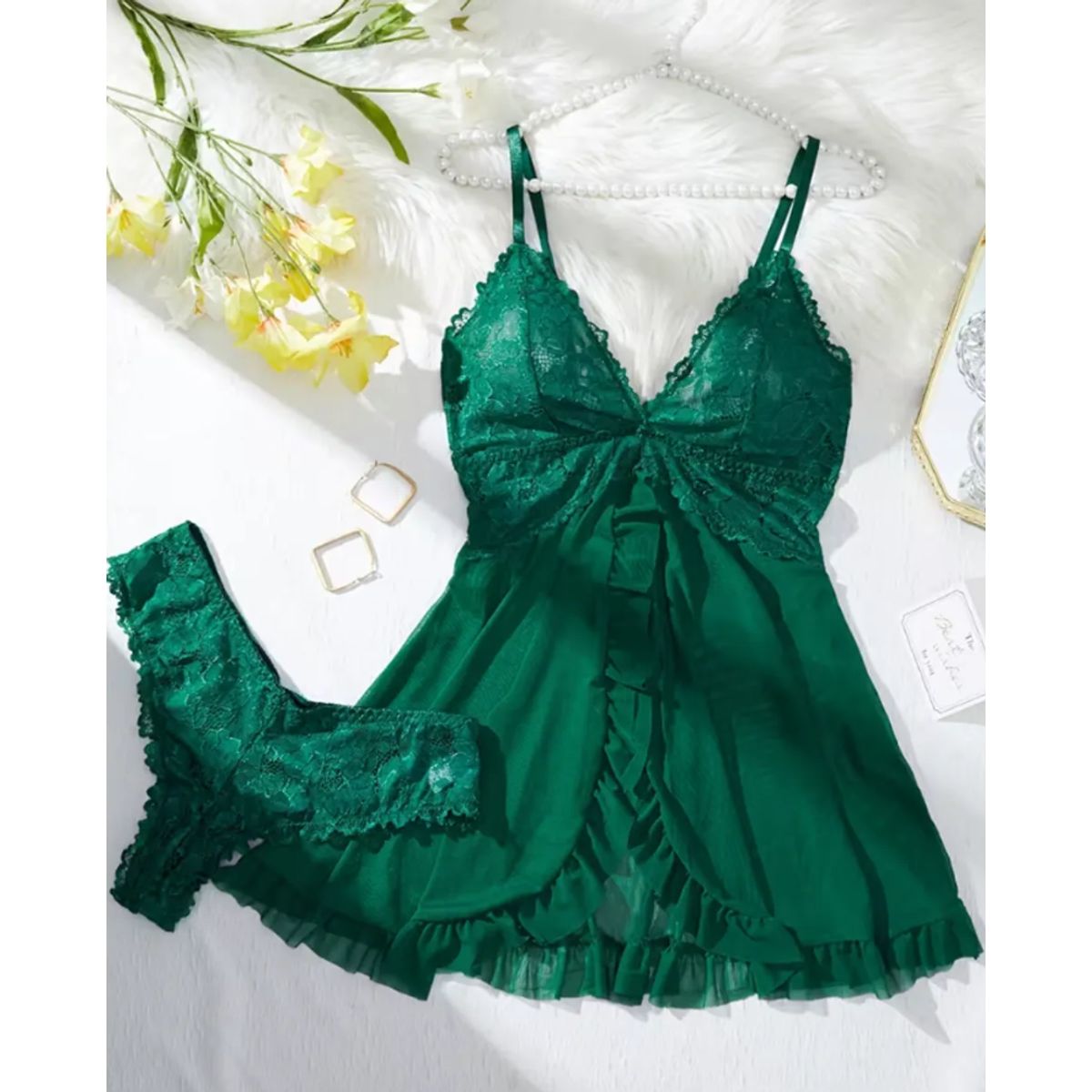 GENERICO - Conjunto Lencería Sexy Babydoll Encaje Pijama Suave Verde L XL