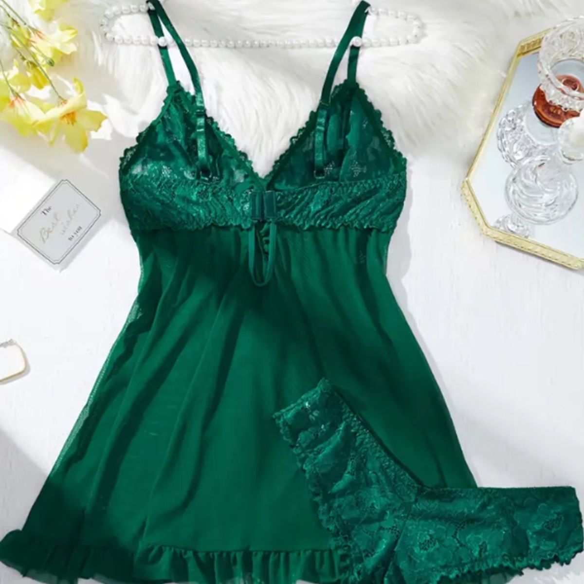 GENERICO - Conjunto Lencería Sexy Babydoll Encaje Pijama Suave Verde L XL