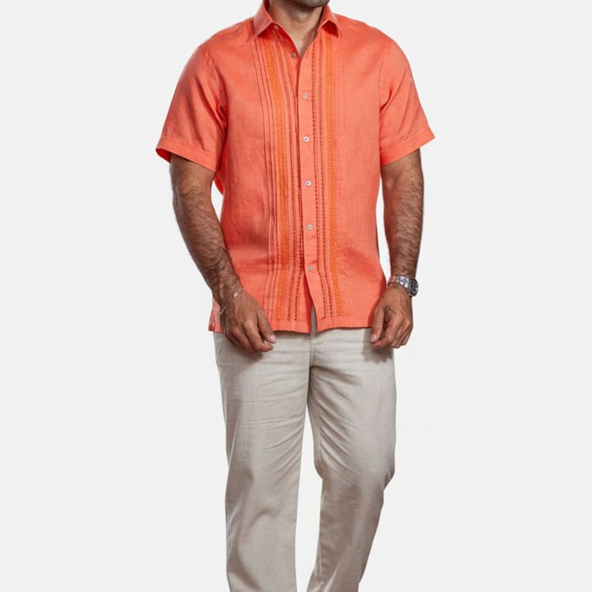 FRIXIO - Camisa Guayabera para hombre Frixio color naranja bordada a mano