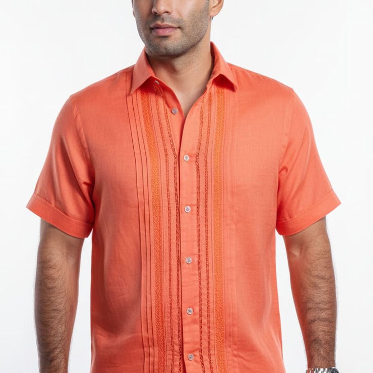 FRIXIO - Camisa Guayabera para hombre Frixio color naranja bordada a mano