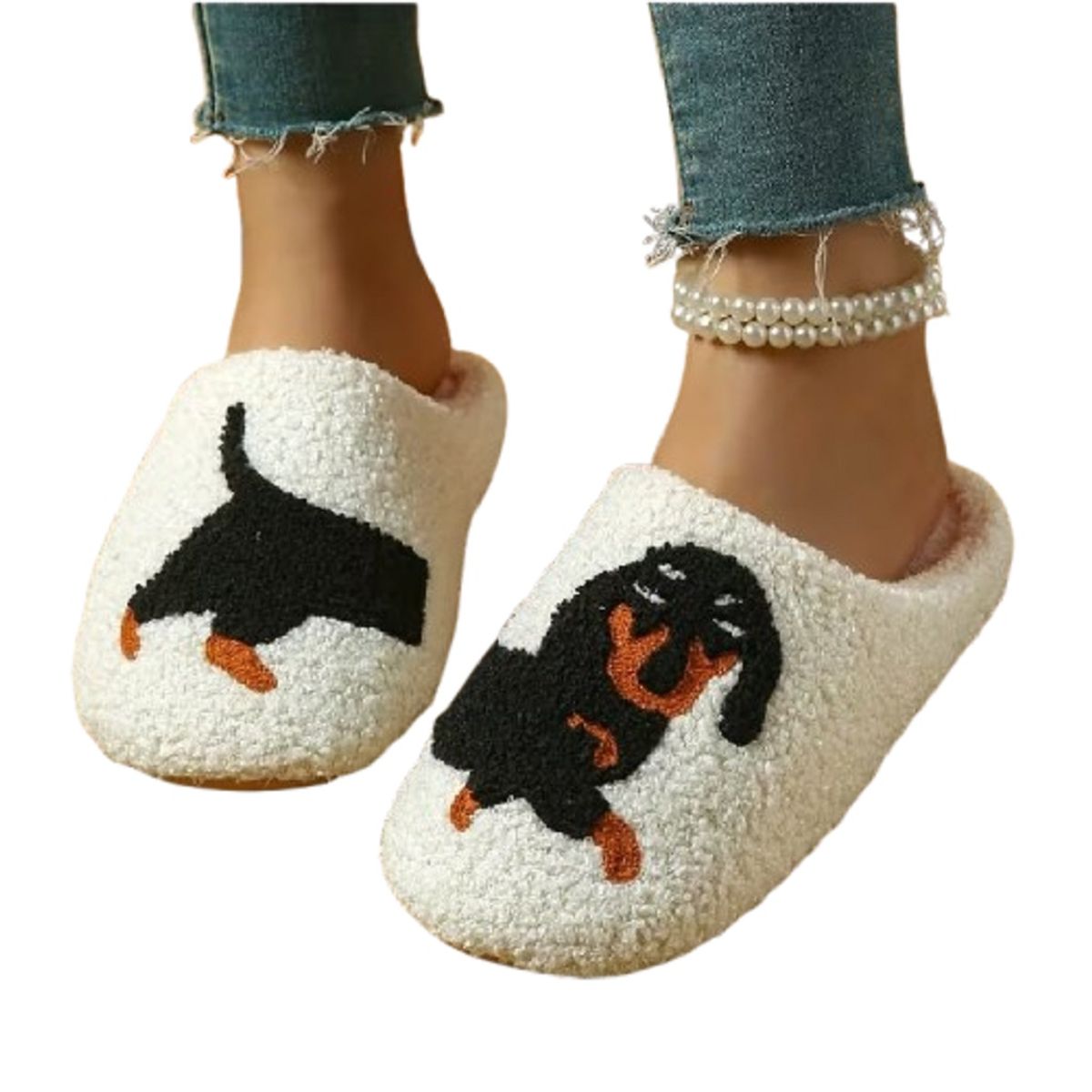 100 - Pantuflas Beige Con Perro Salchicha