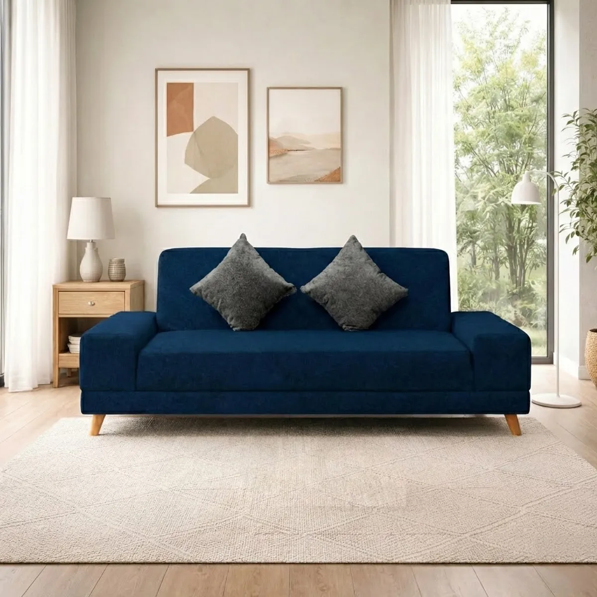 AMAIKA - Sofá Cama Primavera tapizado en tela acogedora color AZUL  + Cojines