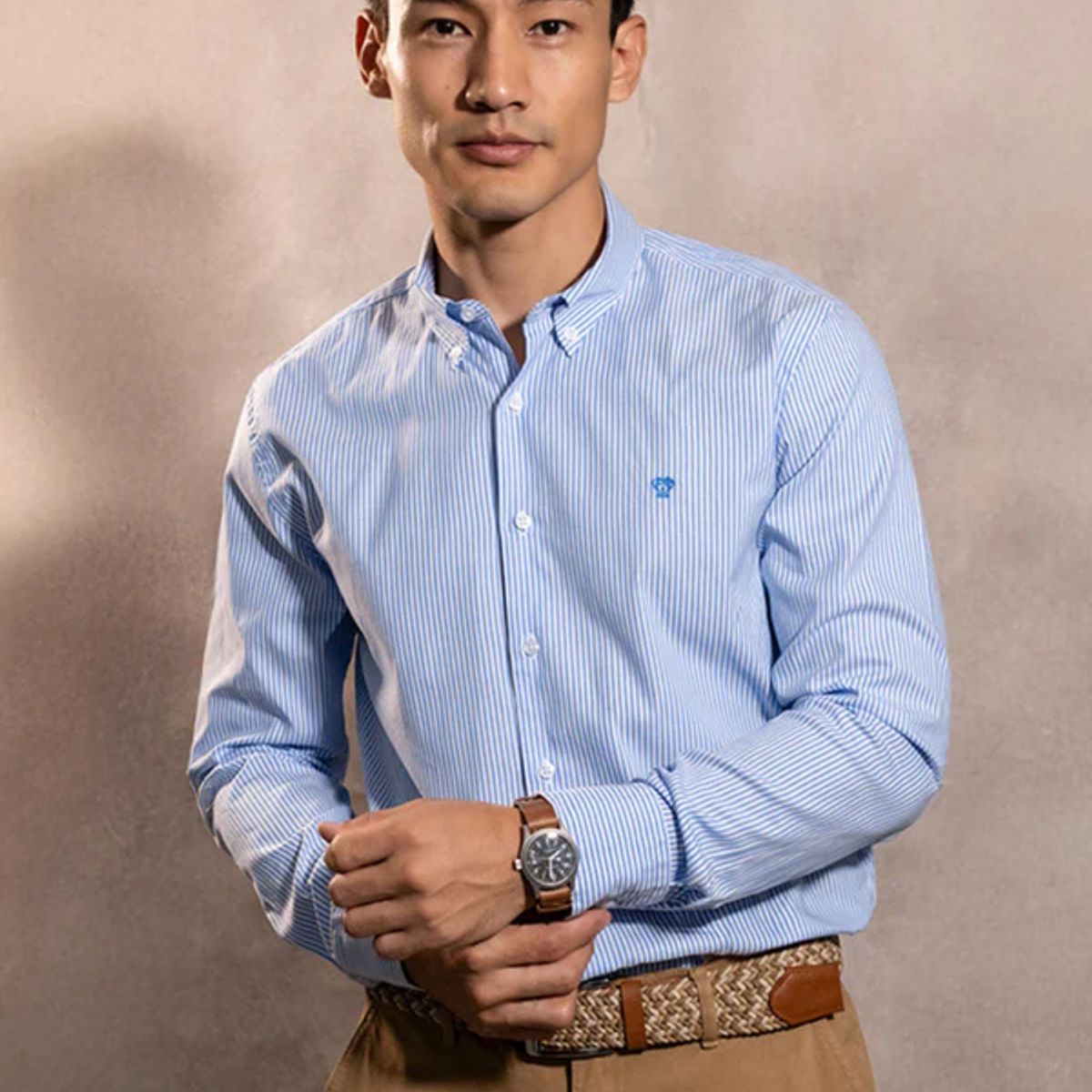 DANTE - Camisa Antimanchas Oxford Rayas Azul Yale Logo Azul