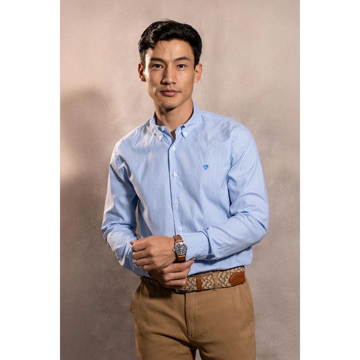 DANTE - Camisa Antimanchas Oxford Rayas Azul Yale Logo Azul