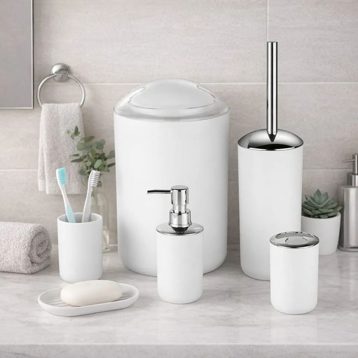 GENERICO - Set De Baño 6 Piezas Lujo Moderno Mate - Kit Completo Con Caneca Y Escobilla - Diseño Premium