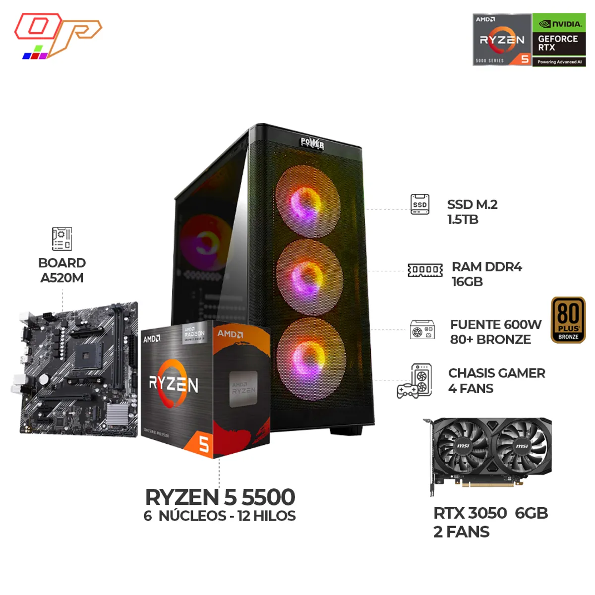 AMD - COMPUTADOR GAMER RYZEN 5 5500 - RTX 3050 - 16GB - 1.5 TB - BOARD A520 - 600W