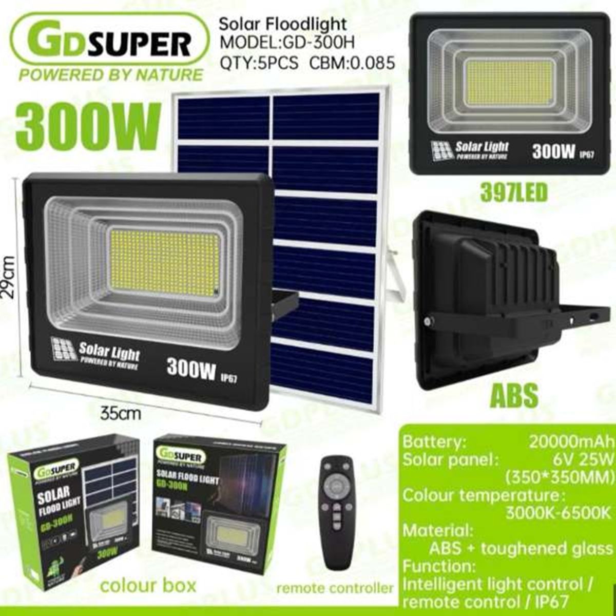 GENERICO - Reflector Solar LED 300W Exterior IP67 con Panel Solar y Control Remoto