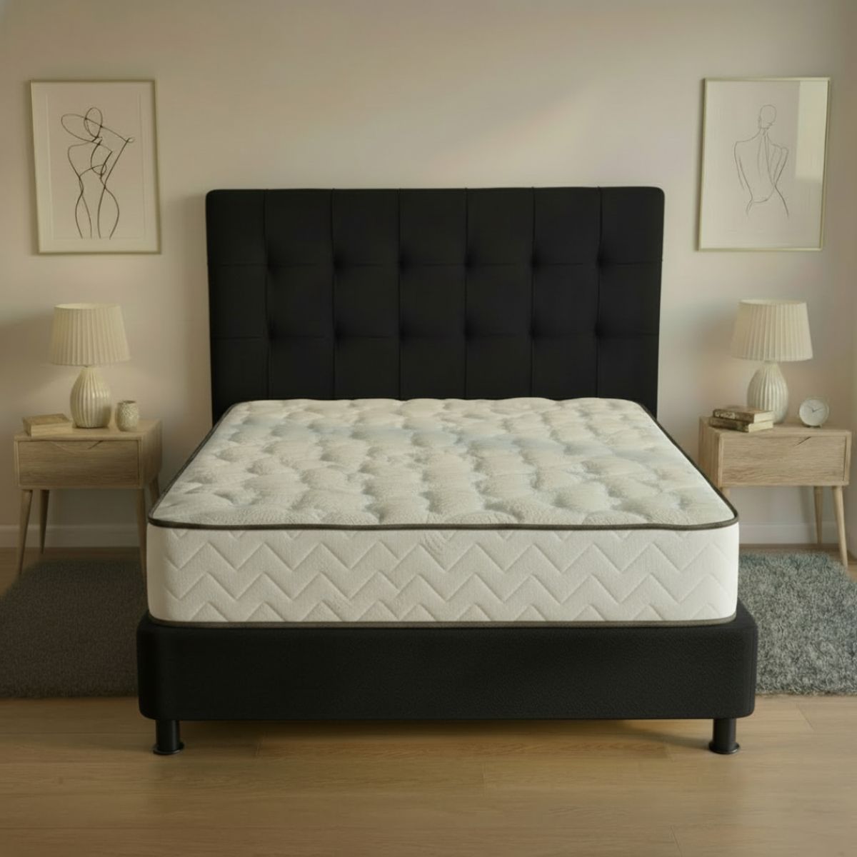 GENERICO - Combo milán NEGRO colchón doble 140 x 190 cm firmeza media + base cama tapizada + espaldar antifluidos