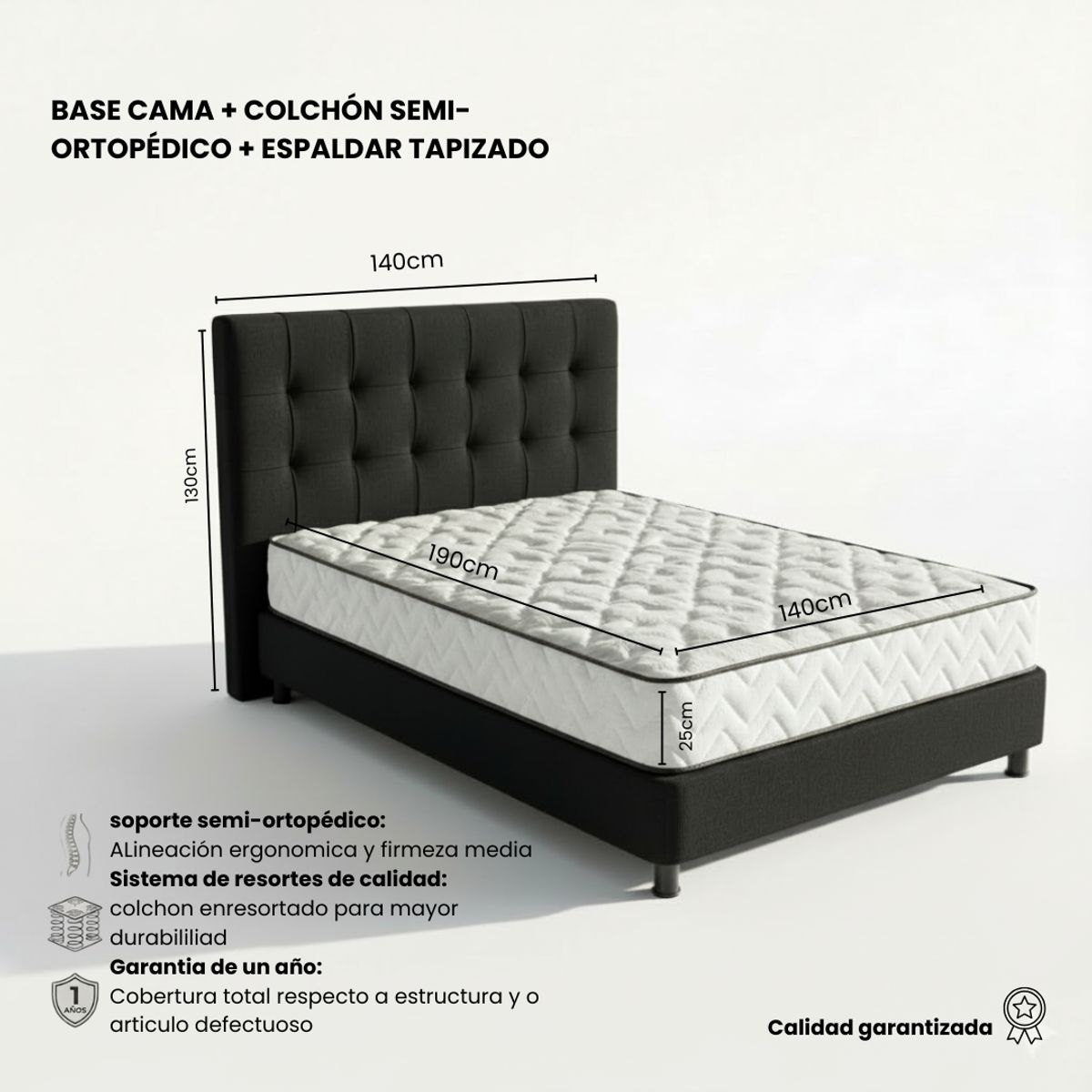 GENERICO - Combo milán NEGRO colchón doble 140 x 190 cm firmeza media + base cama tapizada + espaldar antifluidos