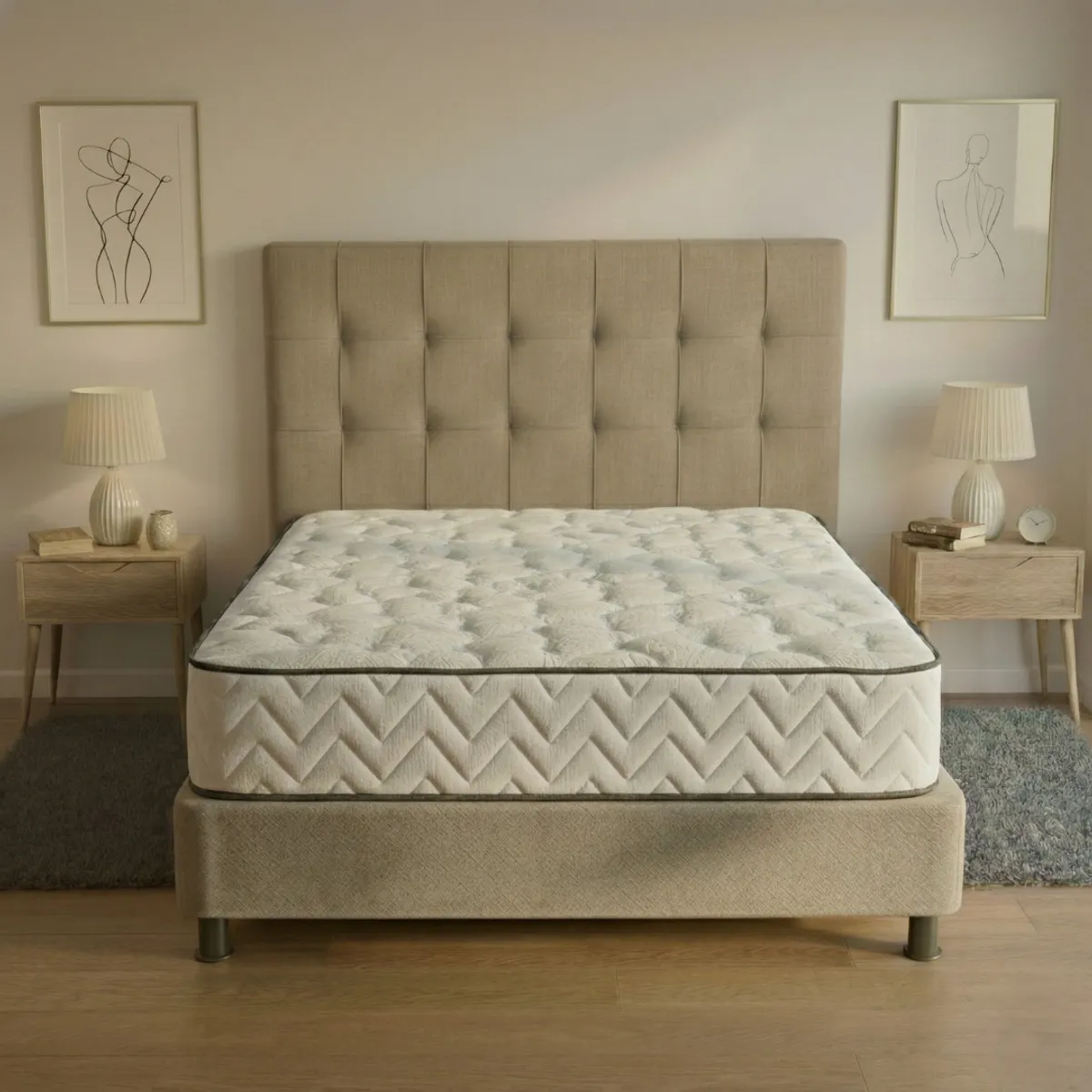 GENERICO - Combo milán BEIGE colchón doble 140 x 190 cm firmeza media + base cama tapizada + espaldar antifluidos