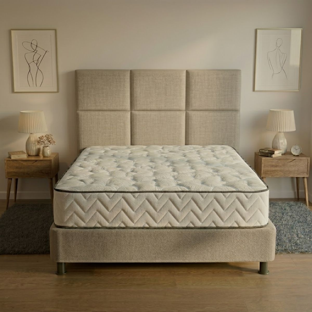 GENERICO - Combo lotus BEIGE colchón doble 140 x 190 cm firmeza media + base cama tapizada + espaldar antifluidos