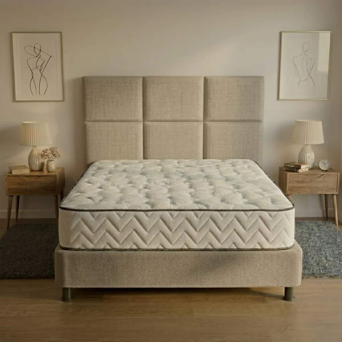 GENERICO - Combo lotus BEIGE colchón doble 140 x 190 cm firmeza media + base cama tapizada + espaldar antifluidos