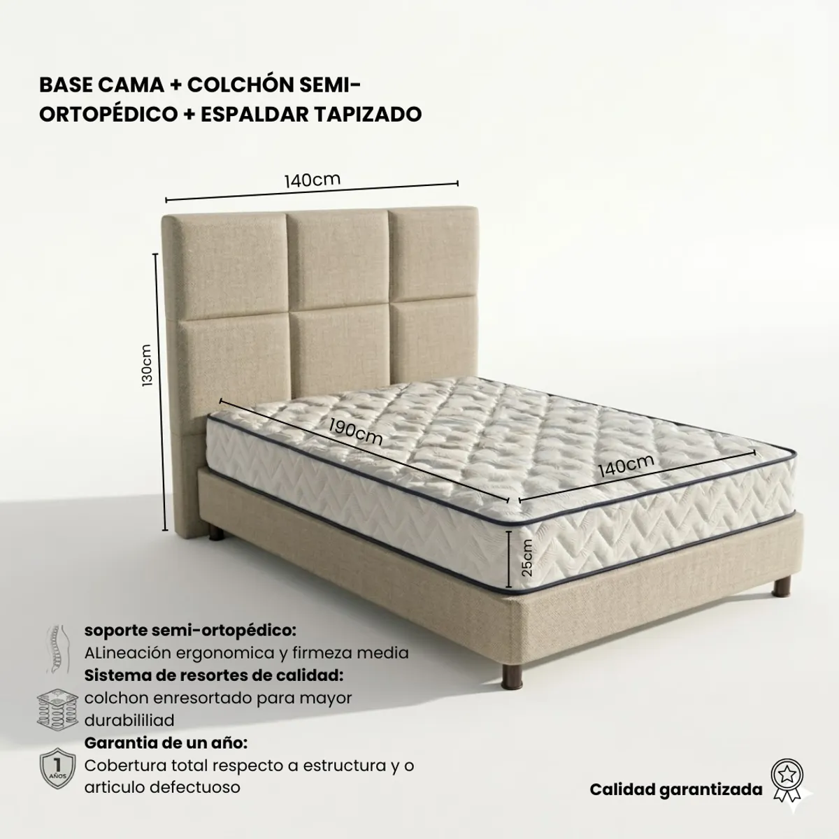 GENERICO - Combo lotus BEIGE colchón doble 140 x 190 cm firmeza media + base cama tapizada + espaldar antifluidos