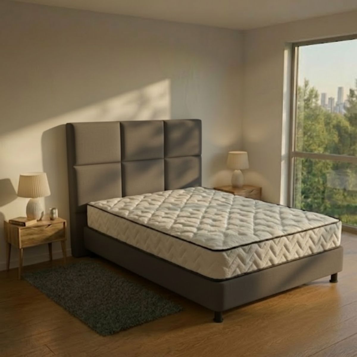 GENERICO - Combo lotus GRIS colchón doble 140 x 190 cm firmeza media + base cama tapizada + espaldar antifluidos