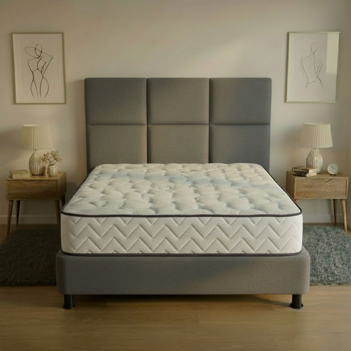 GENERICO - Combo lotus GRIS colchón doble 140 x 190 cm firmeza media + base cama tapizada + espaldar antifluidos