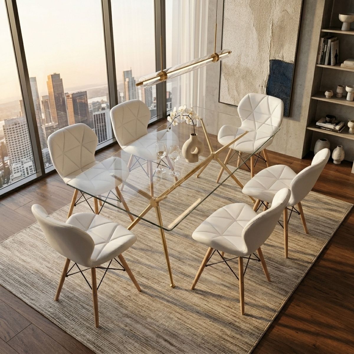 ENTRE NOS HOME - Juego de Comedor Mariposa 6 Puestos Mesa Rectangular Brie Vidrio 160cm y Sillas Blancas en Ecocuero
