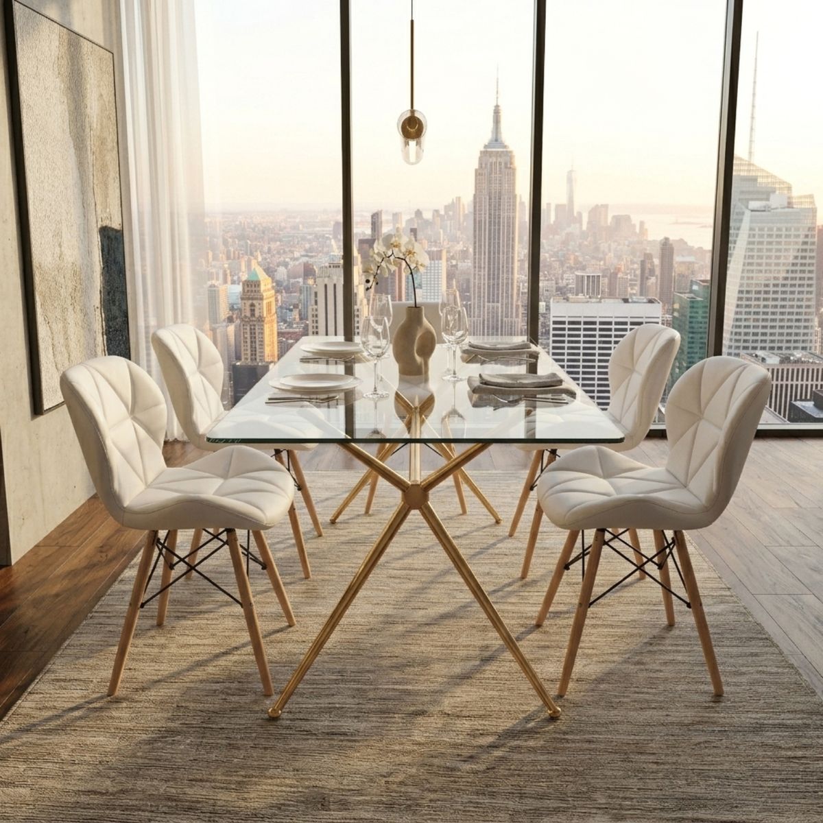 ENTRE NOS HOME - Juego de Comedor Mariposa 6 Puestos Mesa Rectangular Brie Vidrio 160cm y Sillas Blancas en Ecocuero