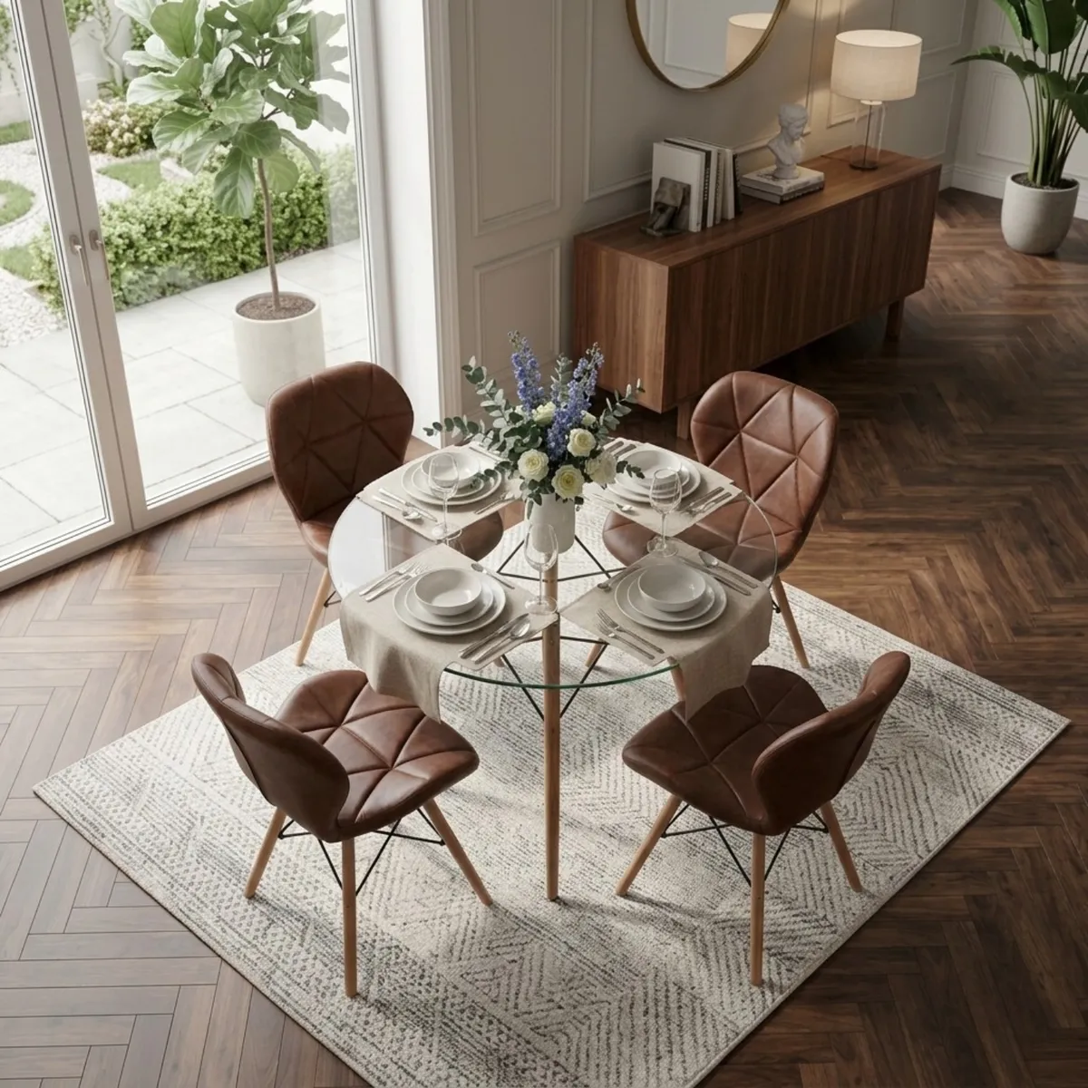 ENTRE NOS HOME - JUEGO DE COMEDOR MARIPOSA CHOCOLATE Y MESA REDONDA DE VIDRIO TRANSPARENTE 90 CM X4