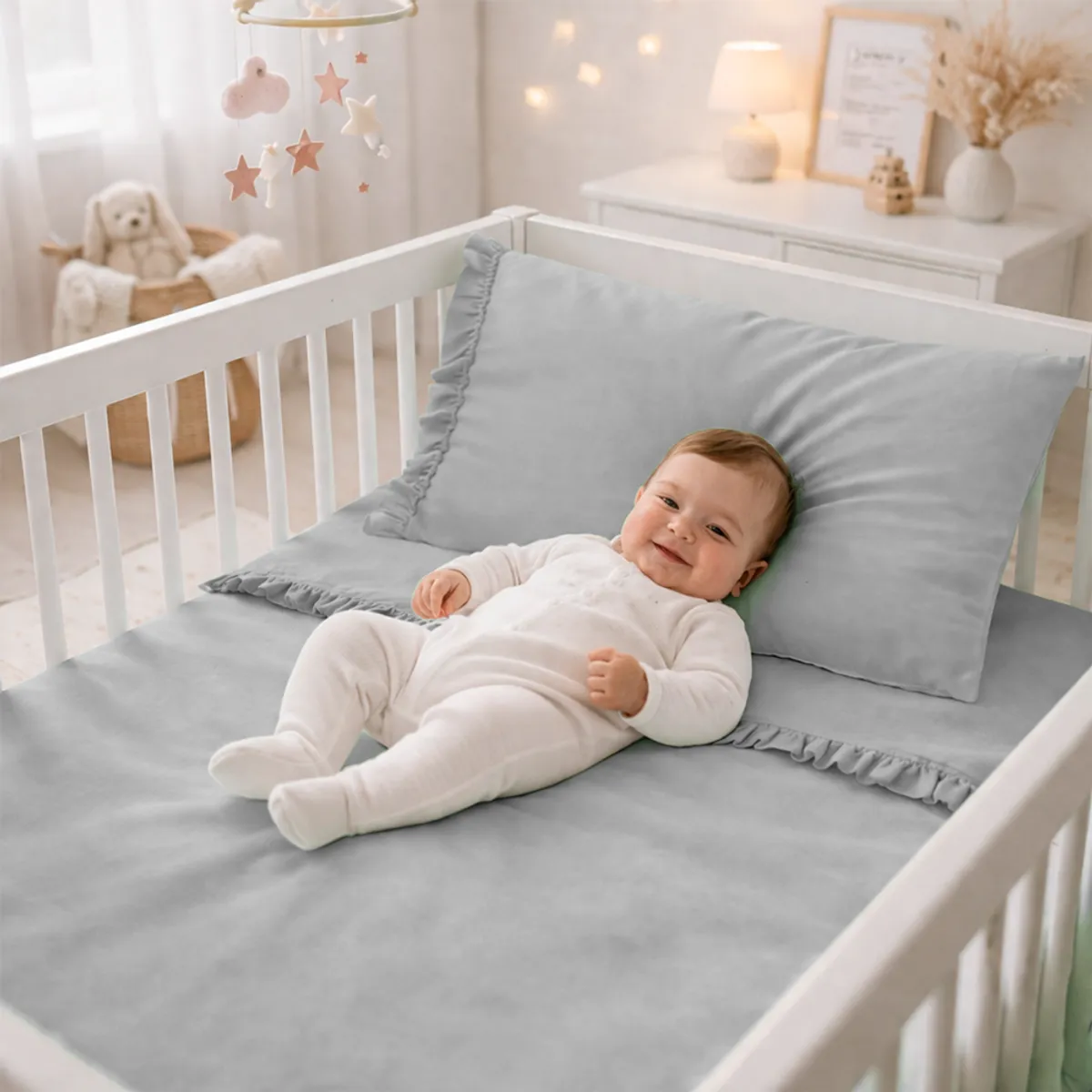 LILE - Juego de Sábanas Gris Boleros para Cunas