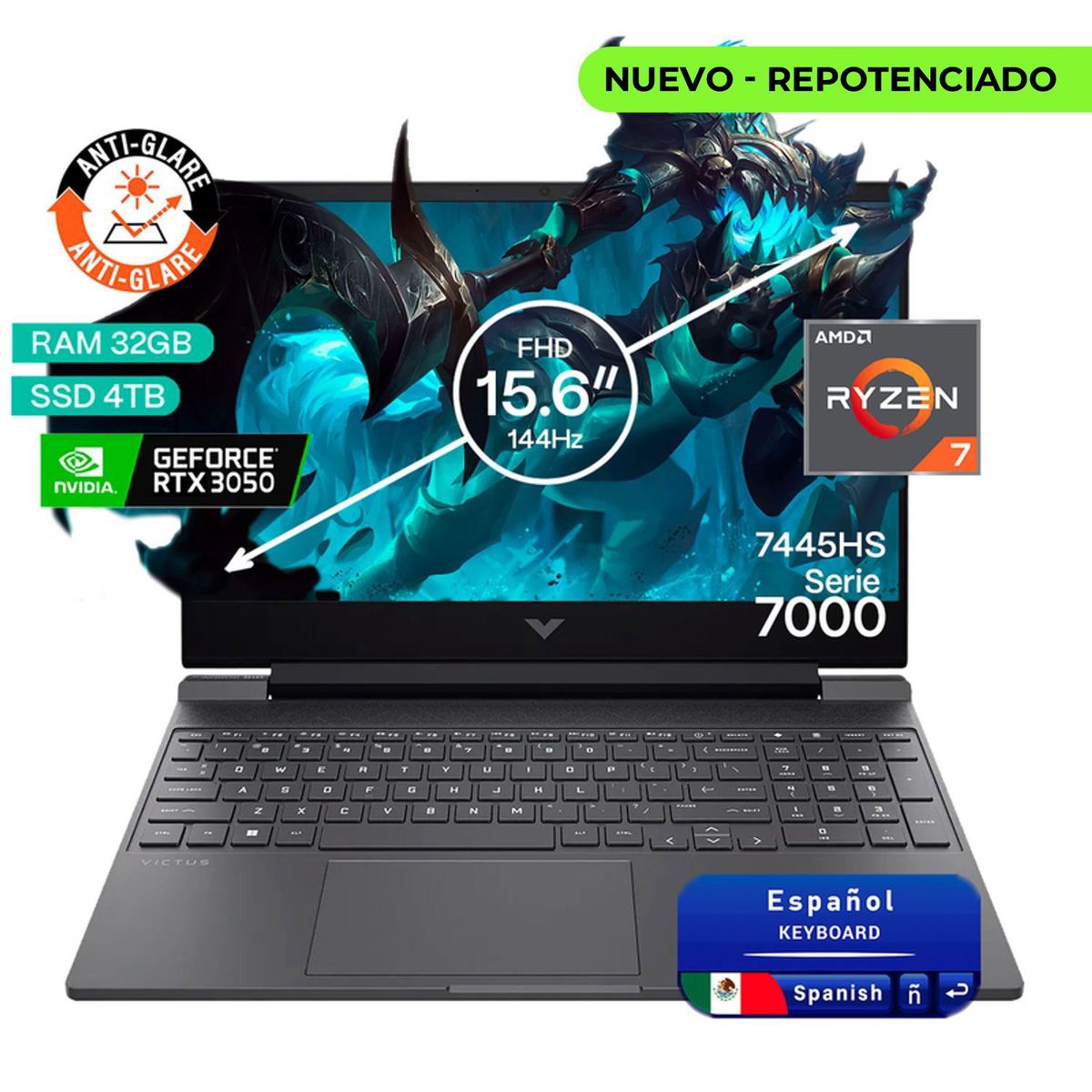 HP - Portátil Gamer Hp Victus AMD Ryzen 7 RAM 32GB SSD 4TB RTX 3050 6GB 144Hz