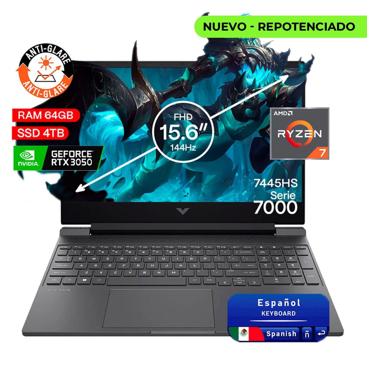 HP - Portátil Gamer Hp Victus AMD Ryzen 7 RAM 64GB SSD 4TB RTX 3050 6GB 144Hz
