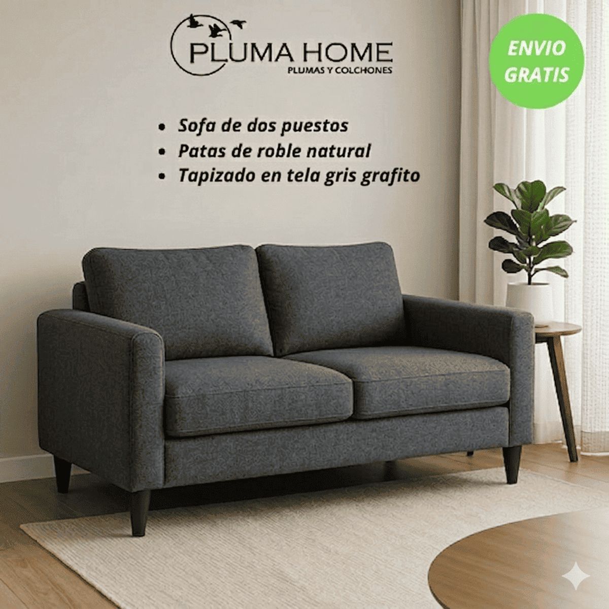 PLUMA HOME - Sofá de Dos Puestos con Patas de Roble Natural - Color Gris Grafito