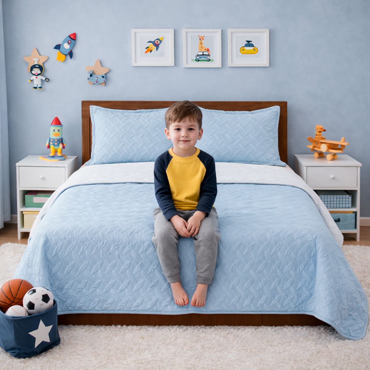 LILE - Colcha Infantil Doble Faz Blanco y Azul Celeste  Suave y Reversible