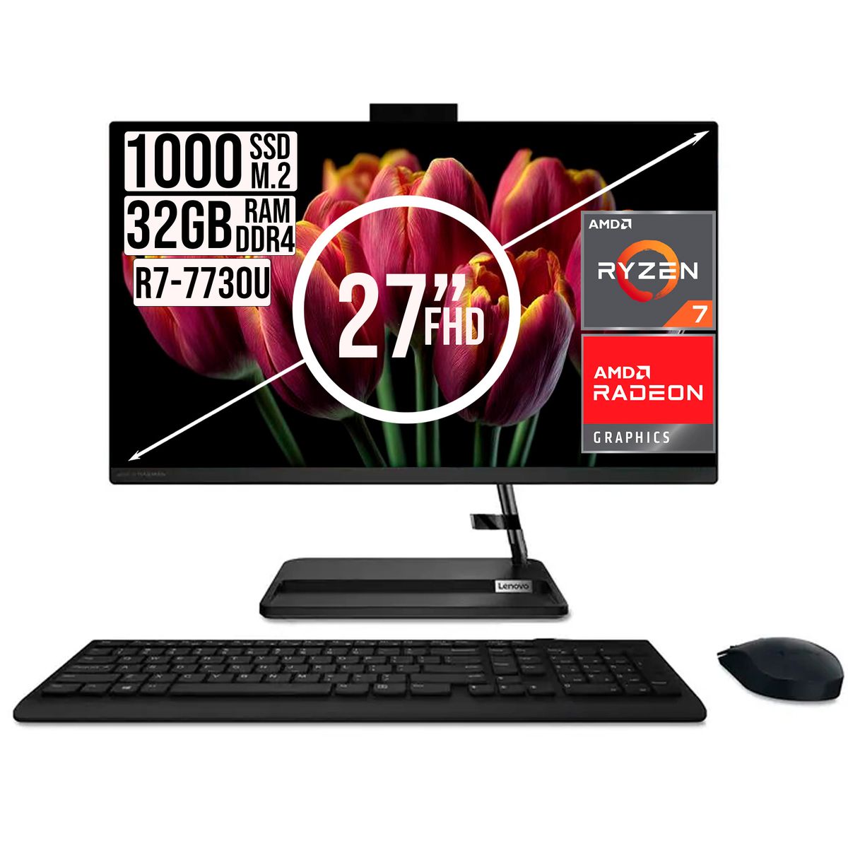 Lenovo - Todo En Uno Lenovo Amd Ryzen 7-7730U Ssd 1TB Ram 32GB Fhd 27 Negro