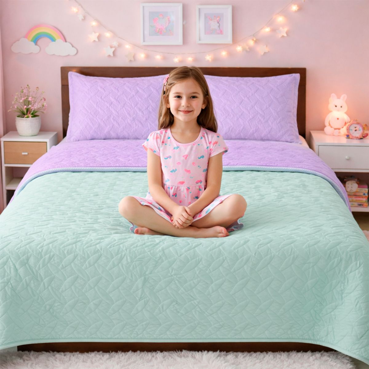 LILE - Colcha Infantil Doble Faz Lila y Verde Menta Suave y Reversible