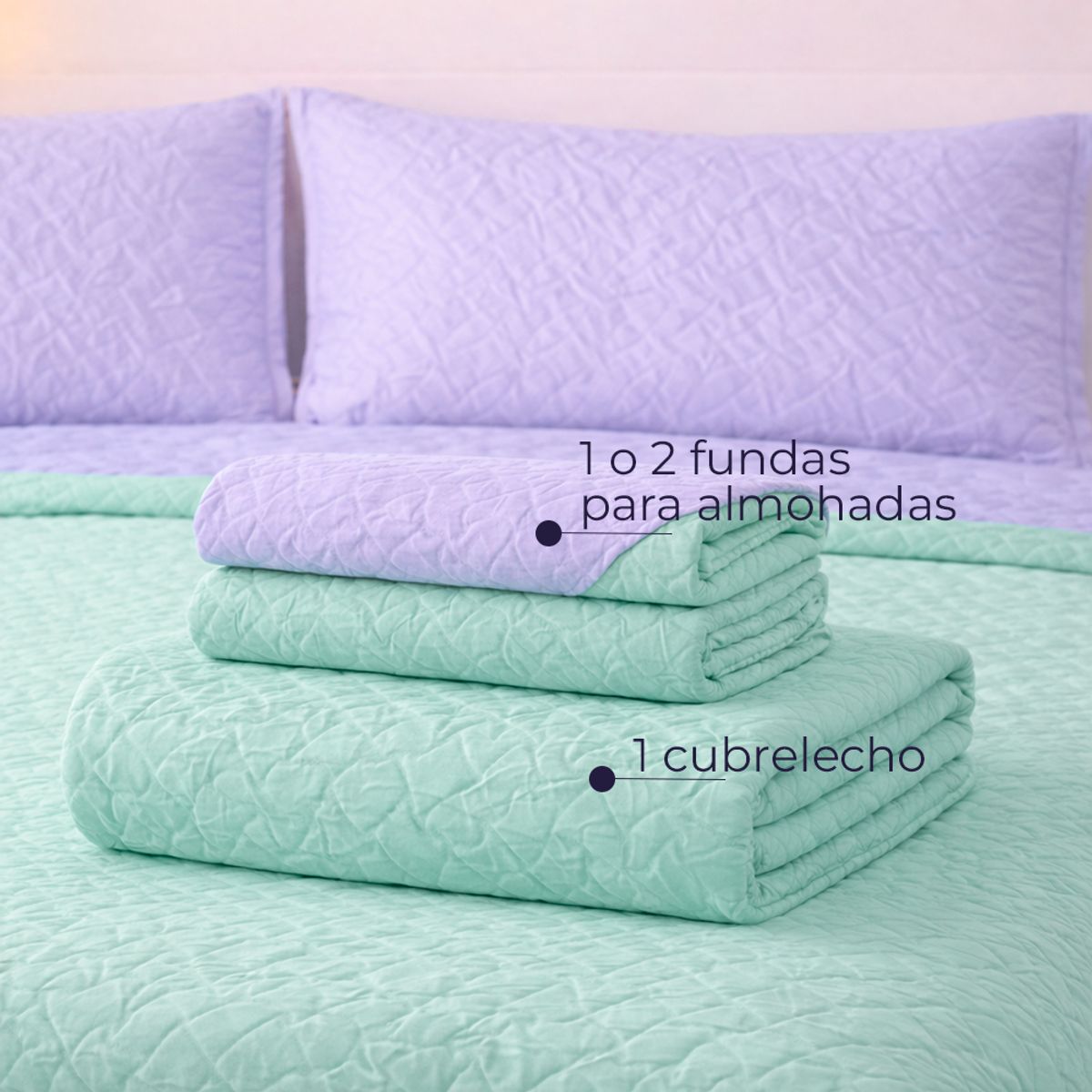 LILE - Colcha Infantil Doble Faz Lila y Verde Menta Suave y Reversible