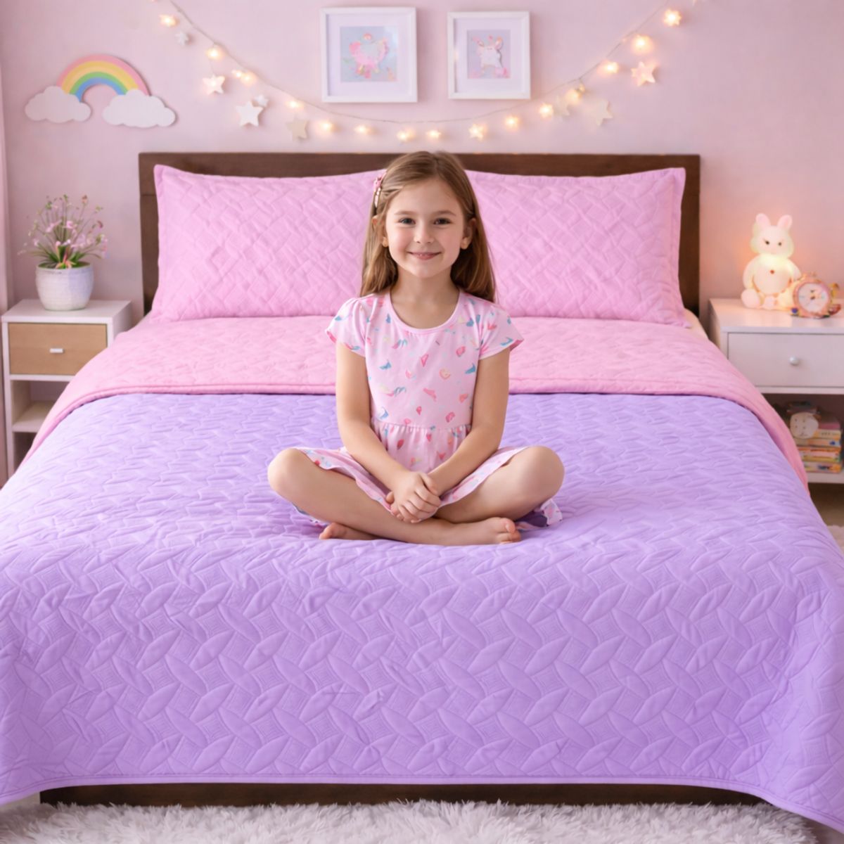 LILE - Colcha Infantil Doble Faz Lila y Rosado Suave y Reversible