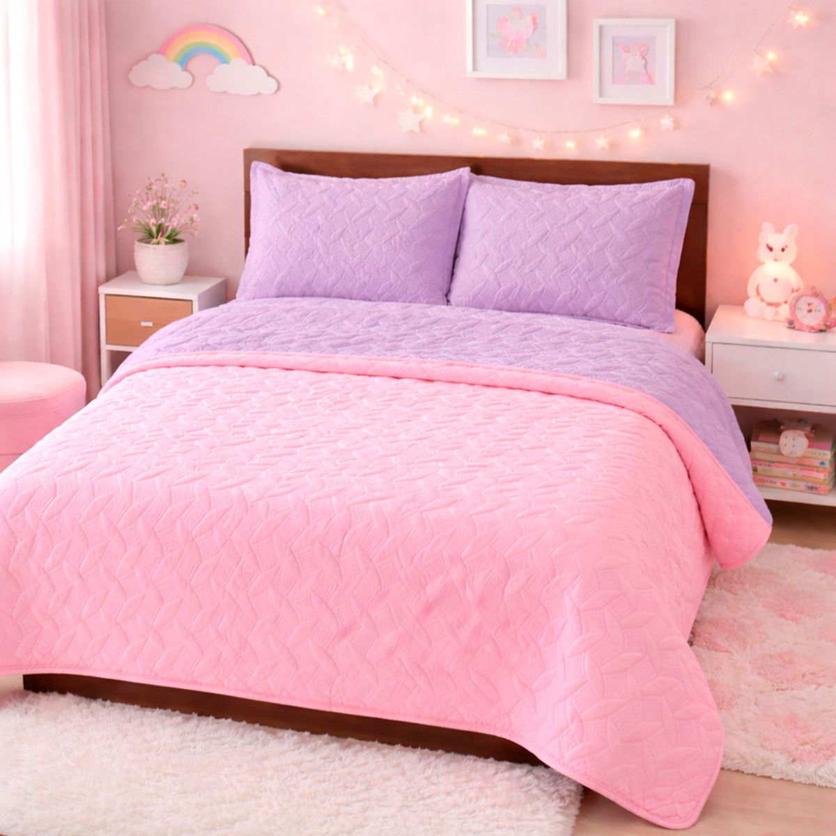 LILE - Colcha Infantil Doble Faz Lila y Rosado Suave y Reversible