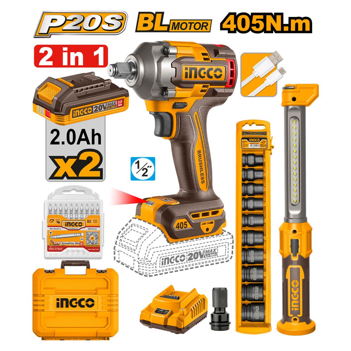 INGCO - Llave de Impacto Inalámbrica INGCO 20V 405Nm + Lámpara y Dados UCOSLI23056