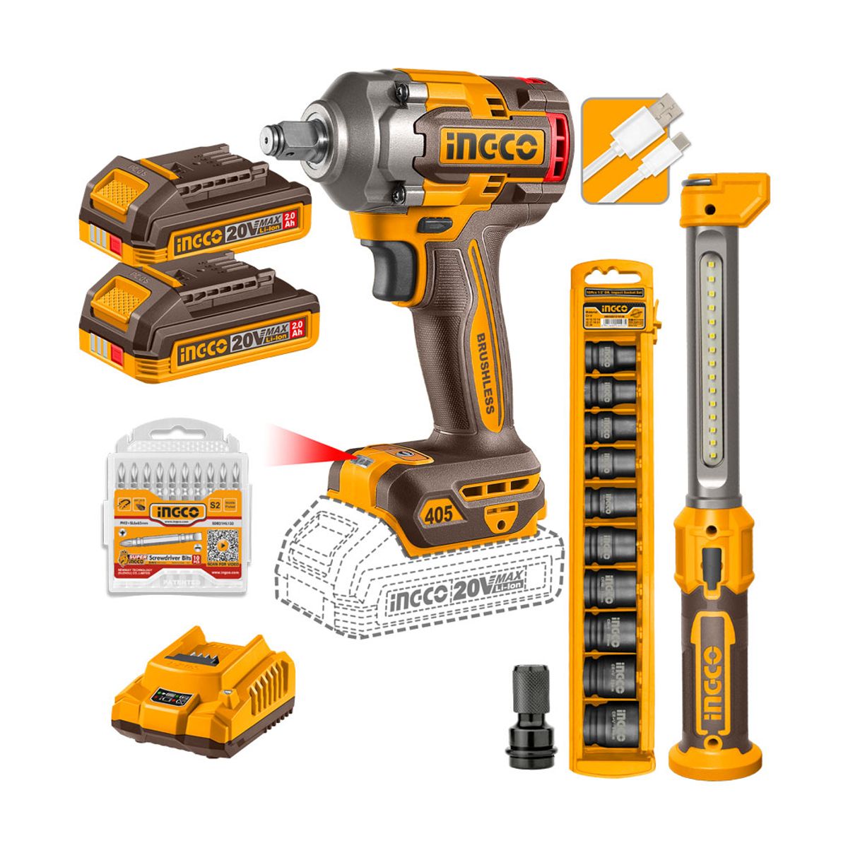 INGCO - Llave de Impacto Inalámbrica INGCO 20V 405Nm + Lámpara y Dados UCOSLI23056