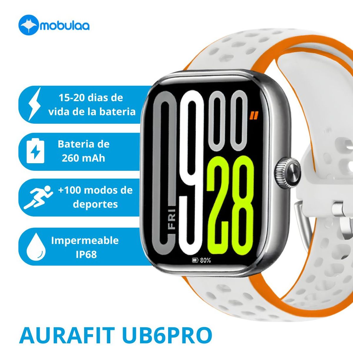 MOBULA - Reloj Inteligente AURAFIT UB6PRO - Blanco