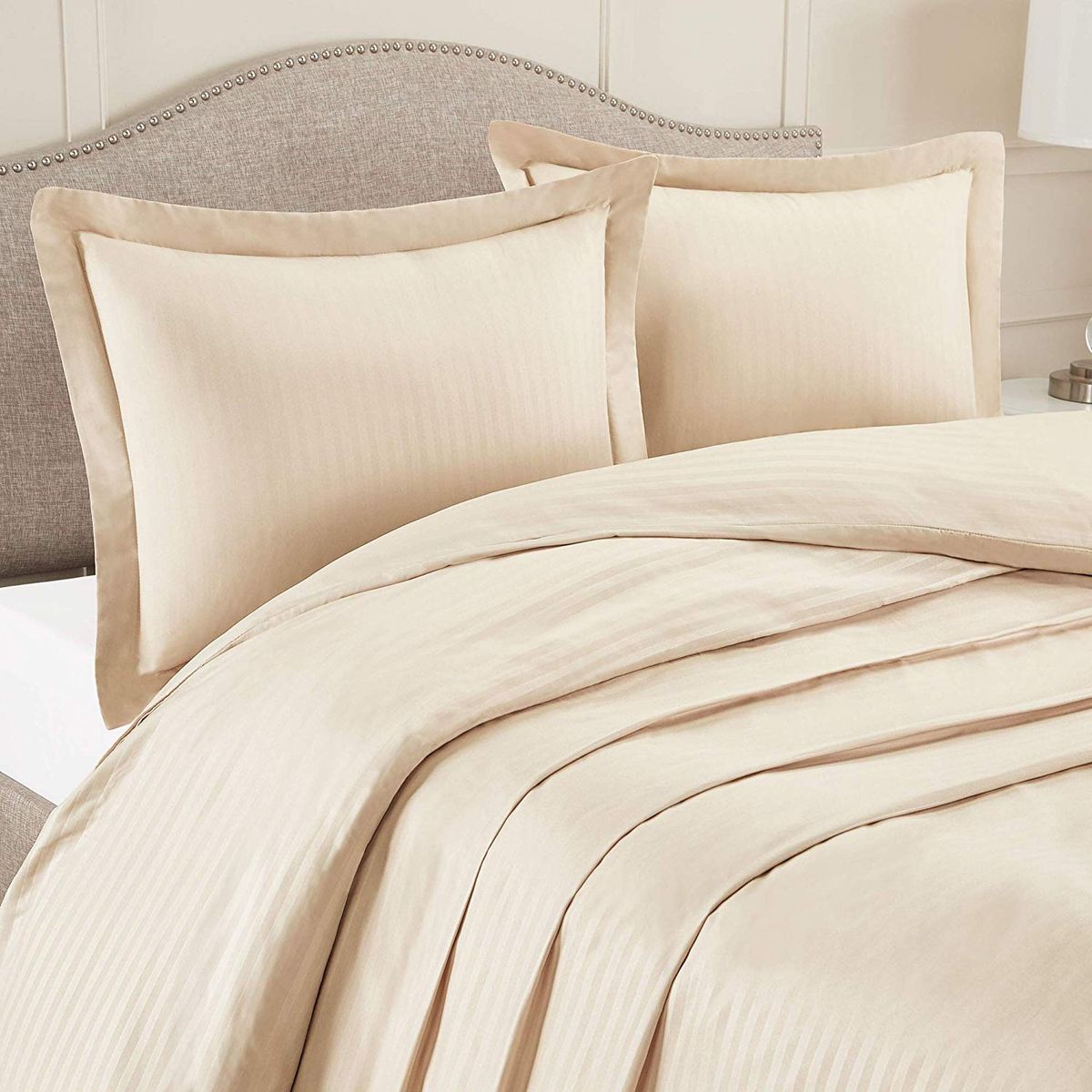 GENERICO - Set Duvet mas Plumon cama Doble Beige sateeen stripe