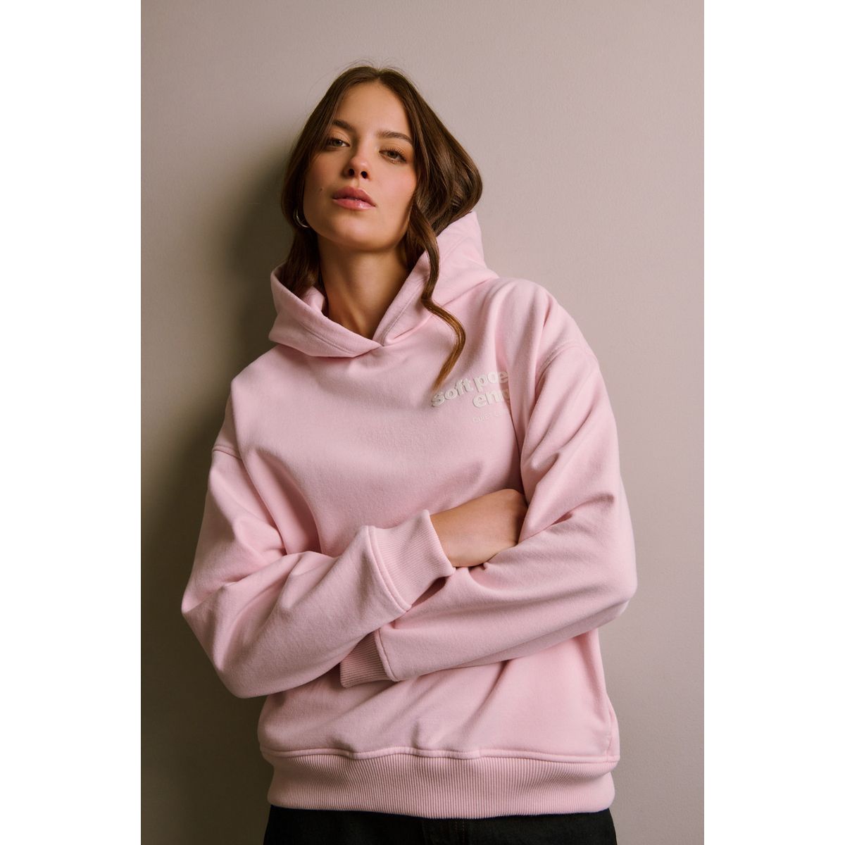 KOAJ - KOAJ Buzo con capota rosado claro y texto estampado Mujer