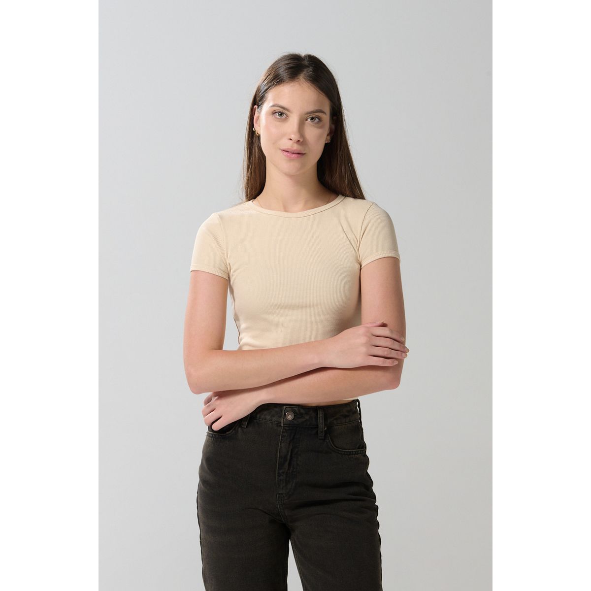 KOAJ - KOAJ Camiseta ajustada unicolor con cuello redondo y manga c Mujer