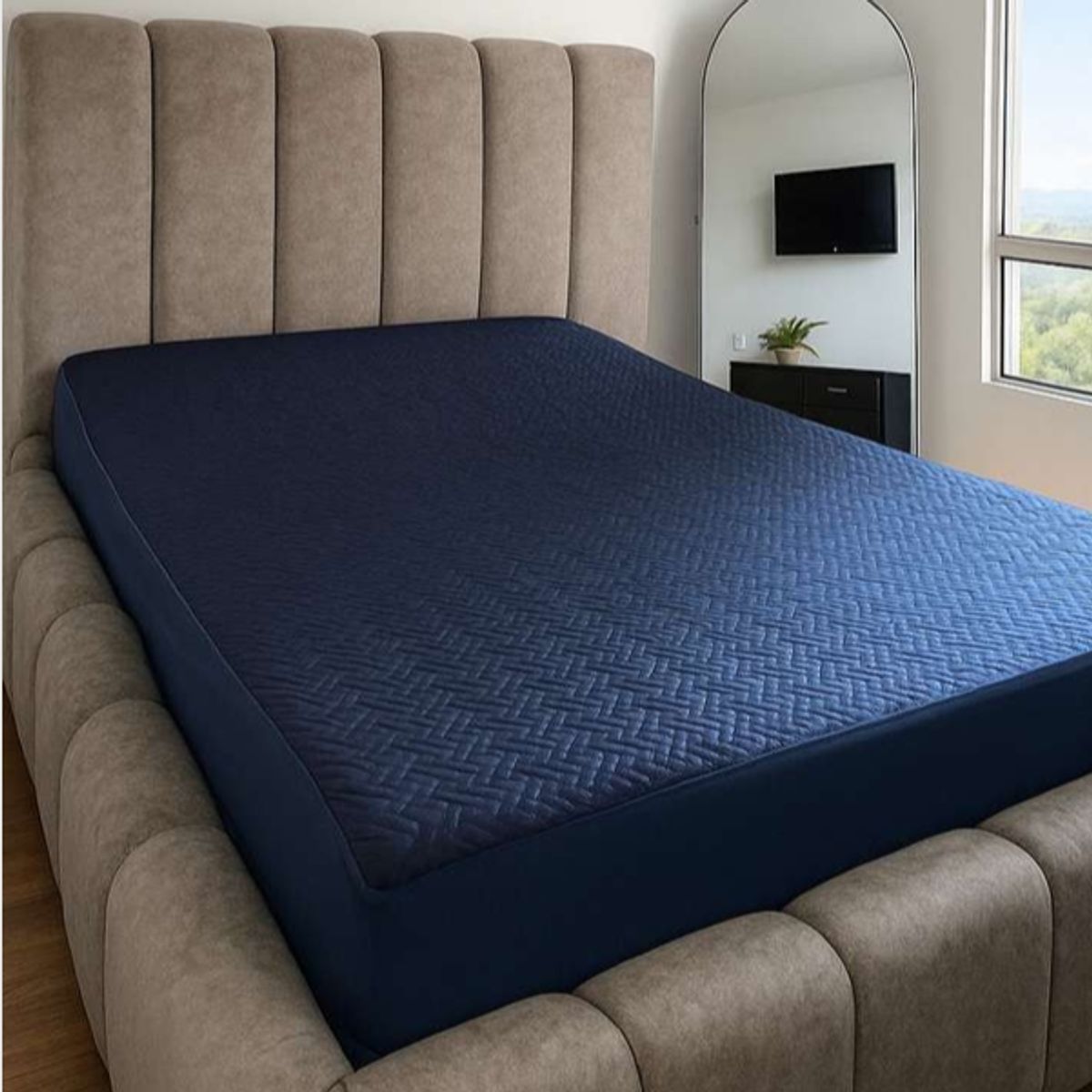 BALI - Protector de Colchón para cama doble Termosellado Antialérgico Alta Durabilidad Azul Oscuro