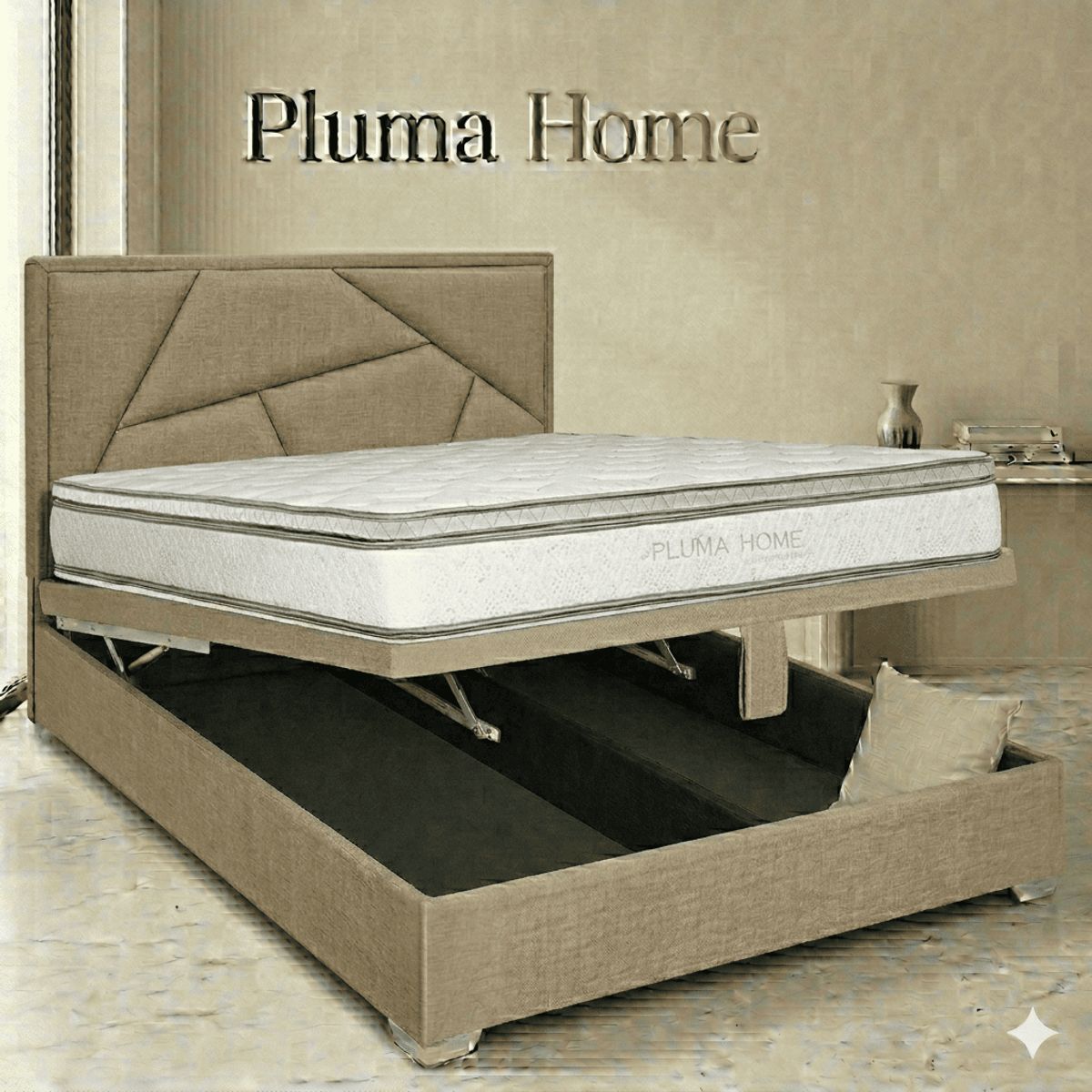 PLUMA HOME - Base Baul King Dividida+ Cabecero Texas+ Colchon 2 Pillow Tipo Libro - Gratis 2Almohadas y Protector