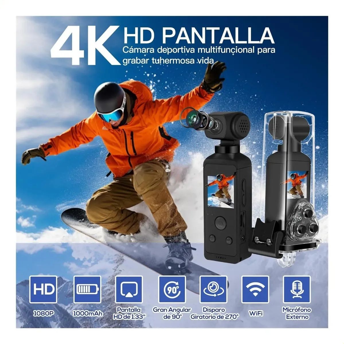 GENERICO - Cámara de Acción 4K Pocket Sumergible con Estabilizador