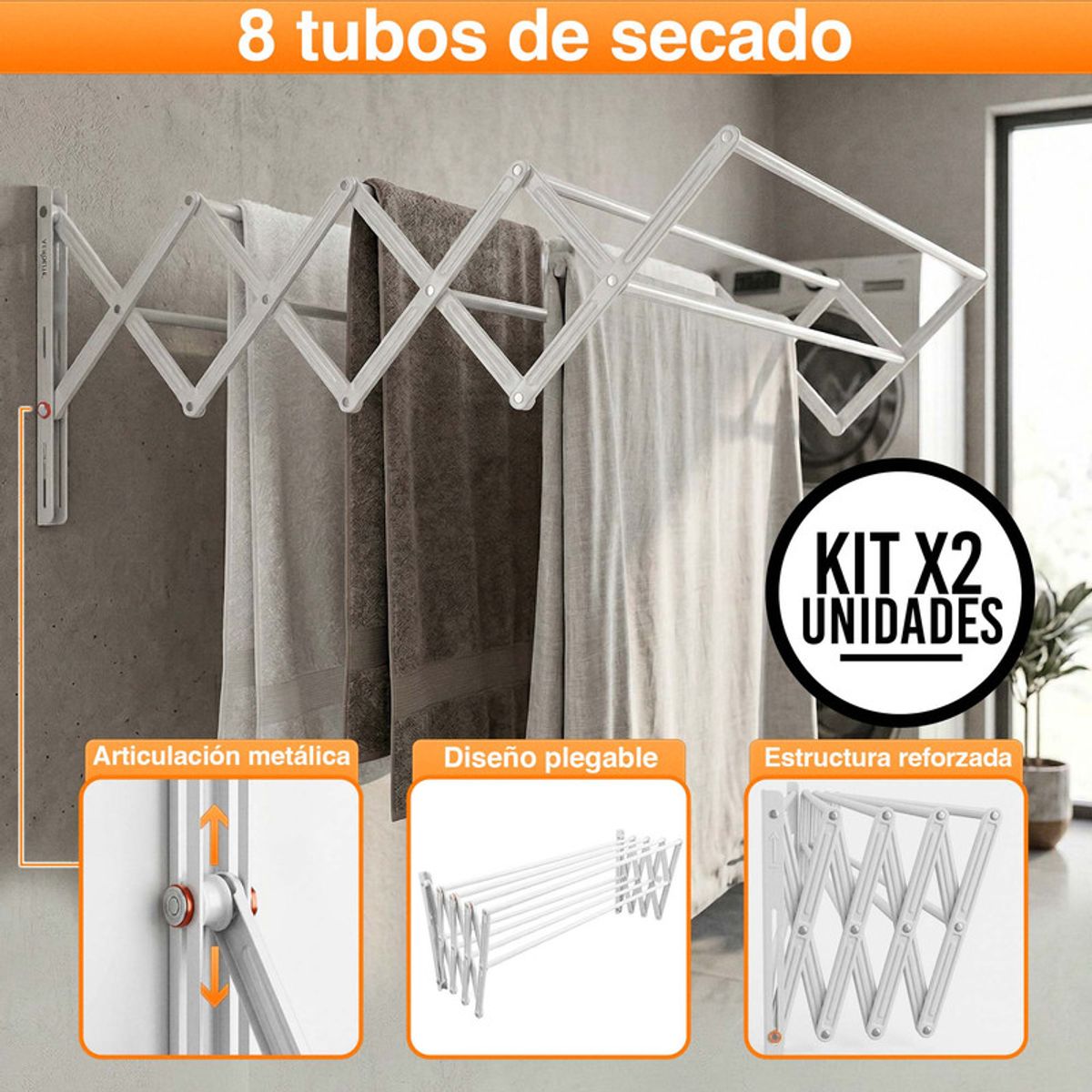 ENERGY PLUS - Set x2 Tendedero Plegable Ropa 120x104cm Acero Cap. 60 Lb