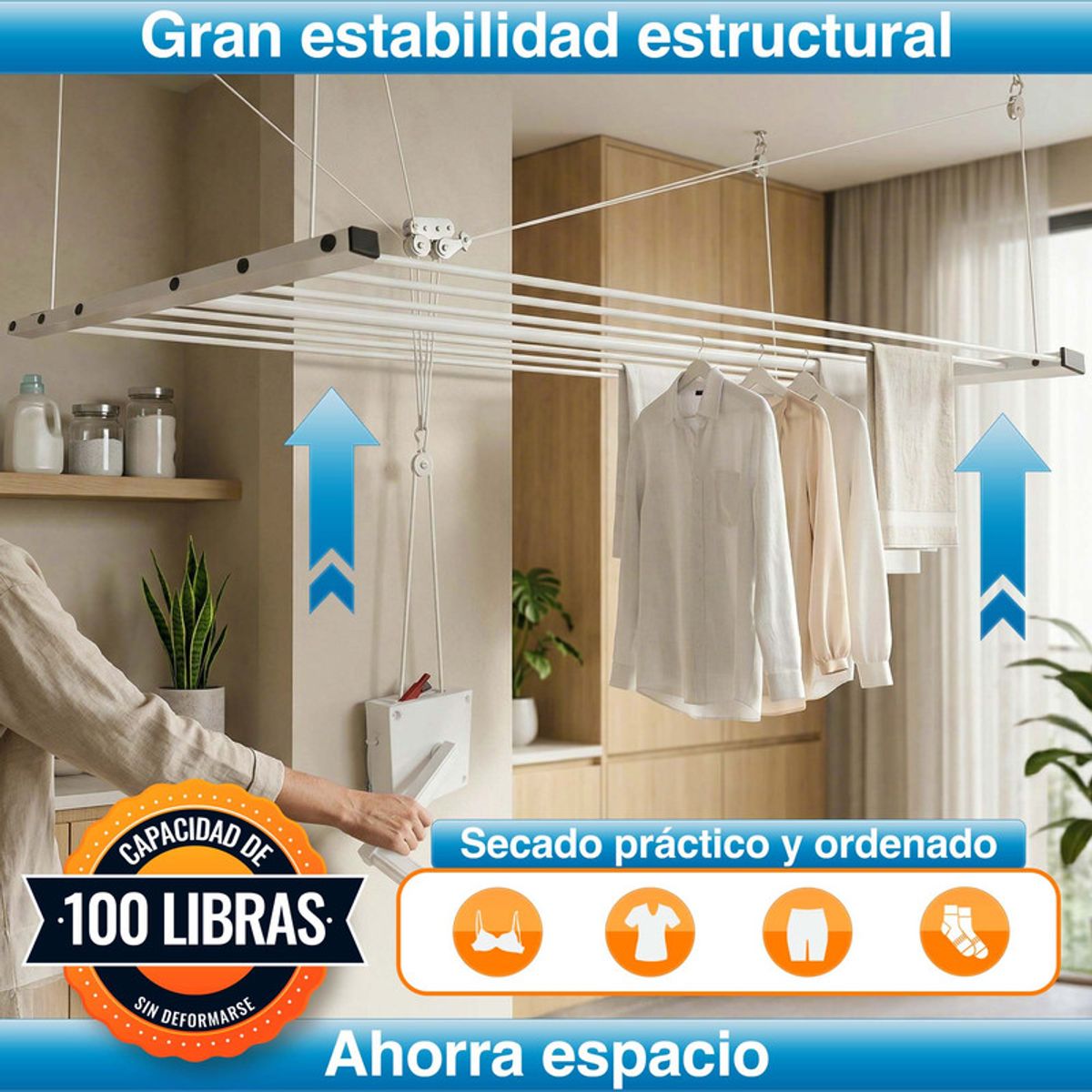 ENERGY PLUS - Tendedero De Techo Con Polea Elevable 150x69cm Acero 100 Lbs