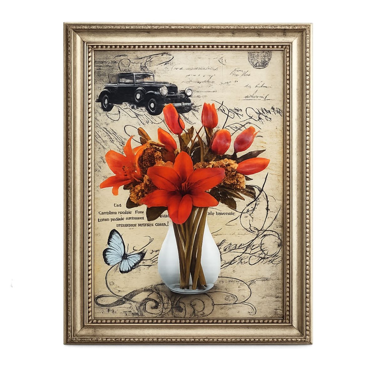 GENERICO - Cuadro Decorativo Vintage 3D con Flores, Auto Clásico y Diseño Retro