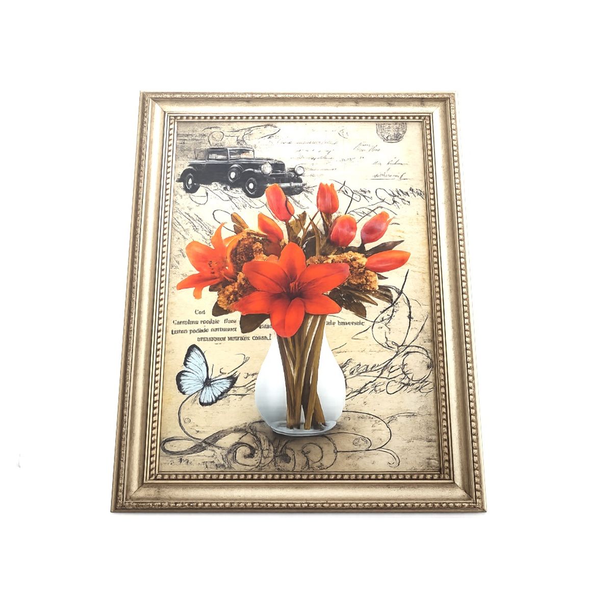 GENERICO - Cuadro Decorativo Vintage 3D con Flores, Auto Clásico y Diseño Retro